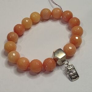 Silpada Orange Jade Beaded Stretch Bracelet Hexagon Charm‎ Silver Tone Women